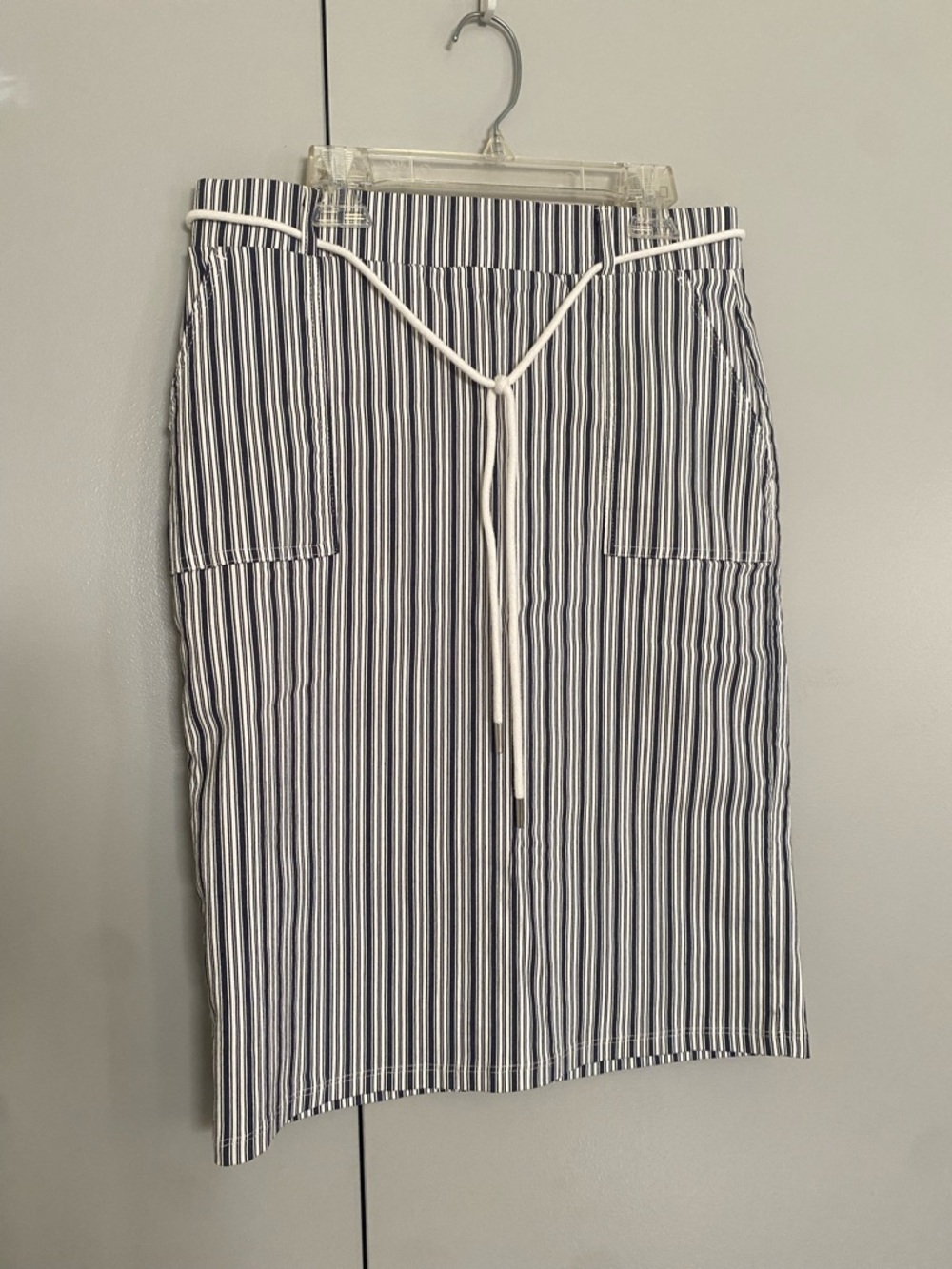 Madison Navy and White Vertical Stripe Midi Skirt with Drawstring